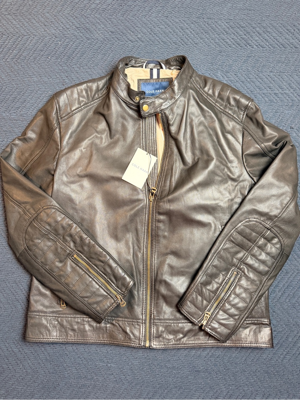 Cole Haan Men’s Black Motorcycle Jacket XL Full Zip Pockets Buckle Quilted